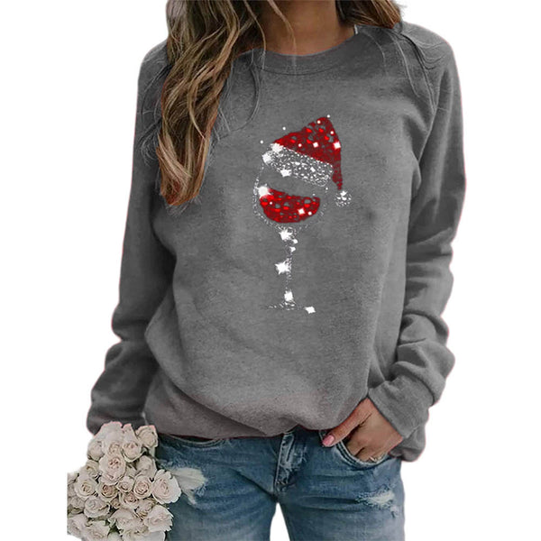 Round Neck Printed Christmas Wine Glass Sweatshirt