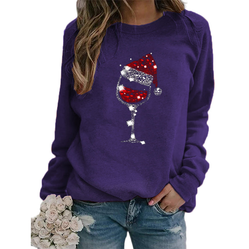 Round Neck Printed Christmas Wine Glass Sweatshirt