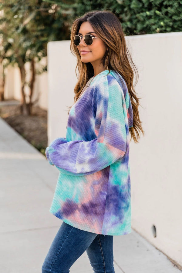 Long Sleeve Drawstring Knit Tie Dye Hoodie Top