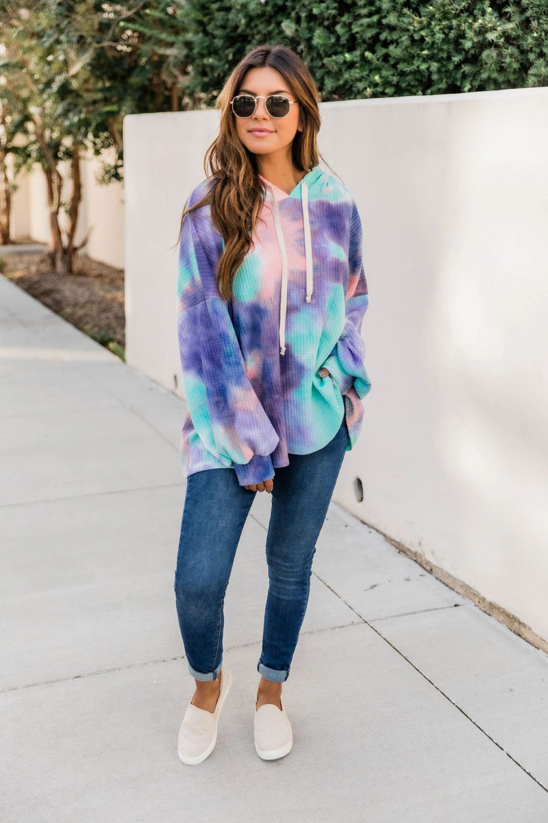 Long Sleeve Drawstring Knit Tie Dye Hoodie Top