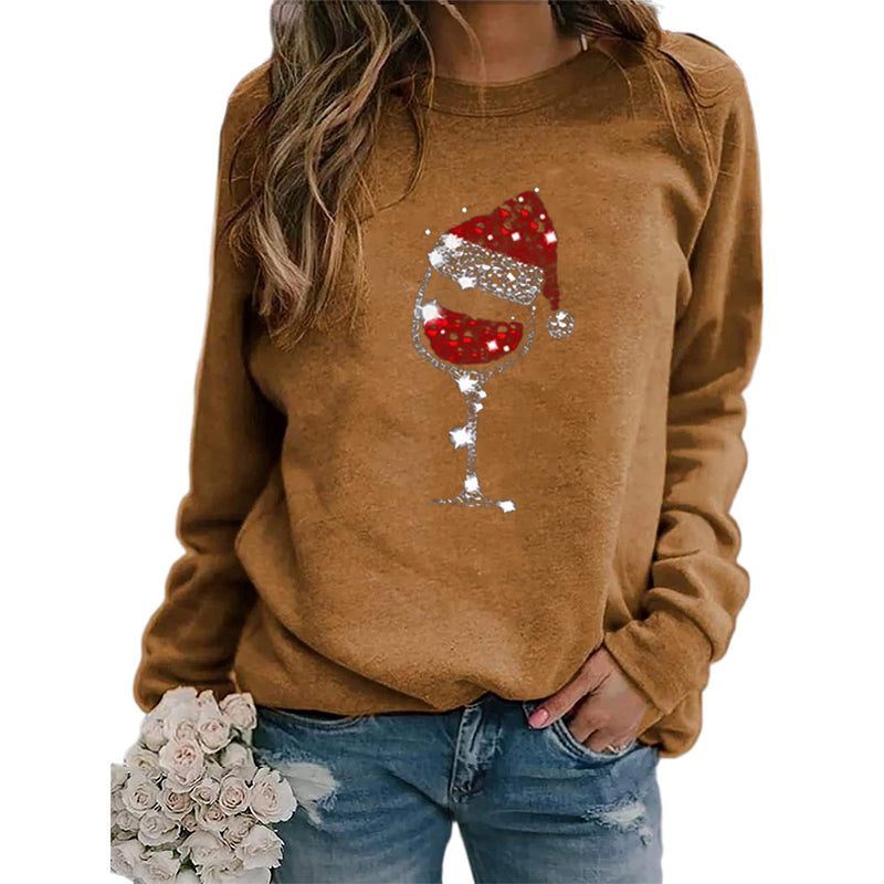 Round Neck Printed Christmas Wine Glass Sweatshirt