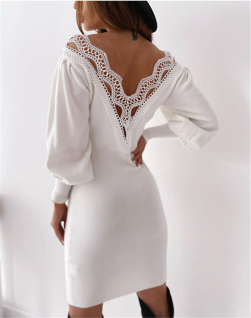 Lace V Neck Long Sleeve Mini Sweater Dress