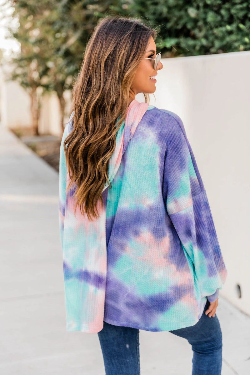 Long Sleeve Drawstring Knit Tie Dye Hoodie Top