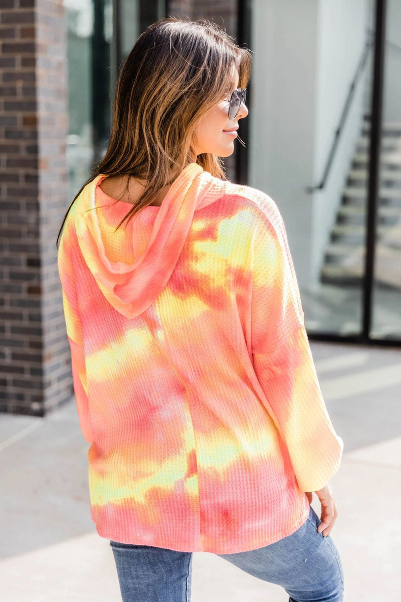 Long Sleeve Drawstring Knit Tie Dye Hoodie Top