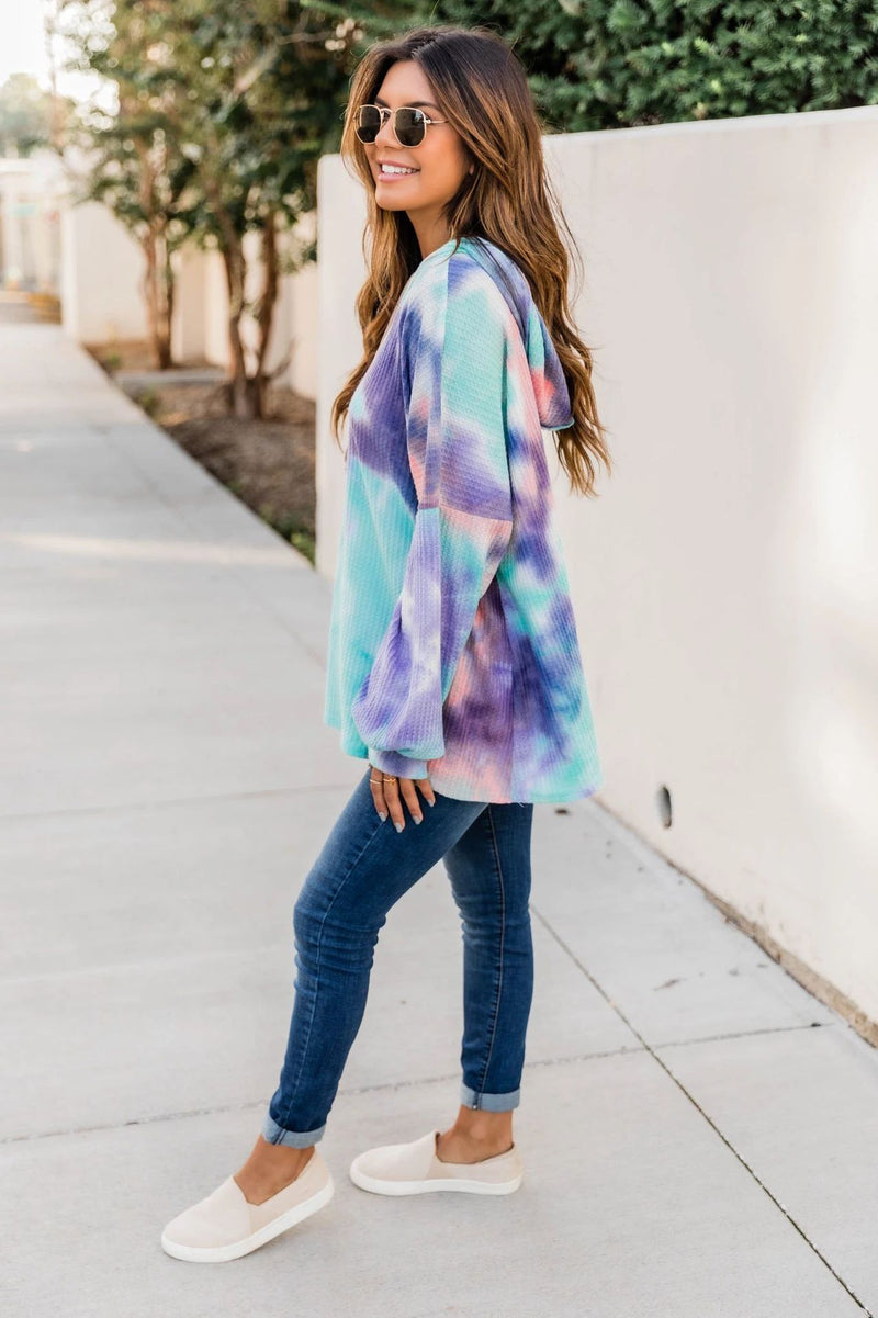 Long Sleeve Drawstring Knit Tie Dye Hoodie Top