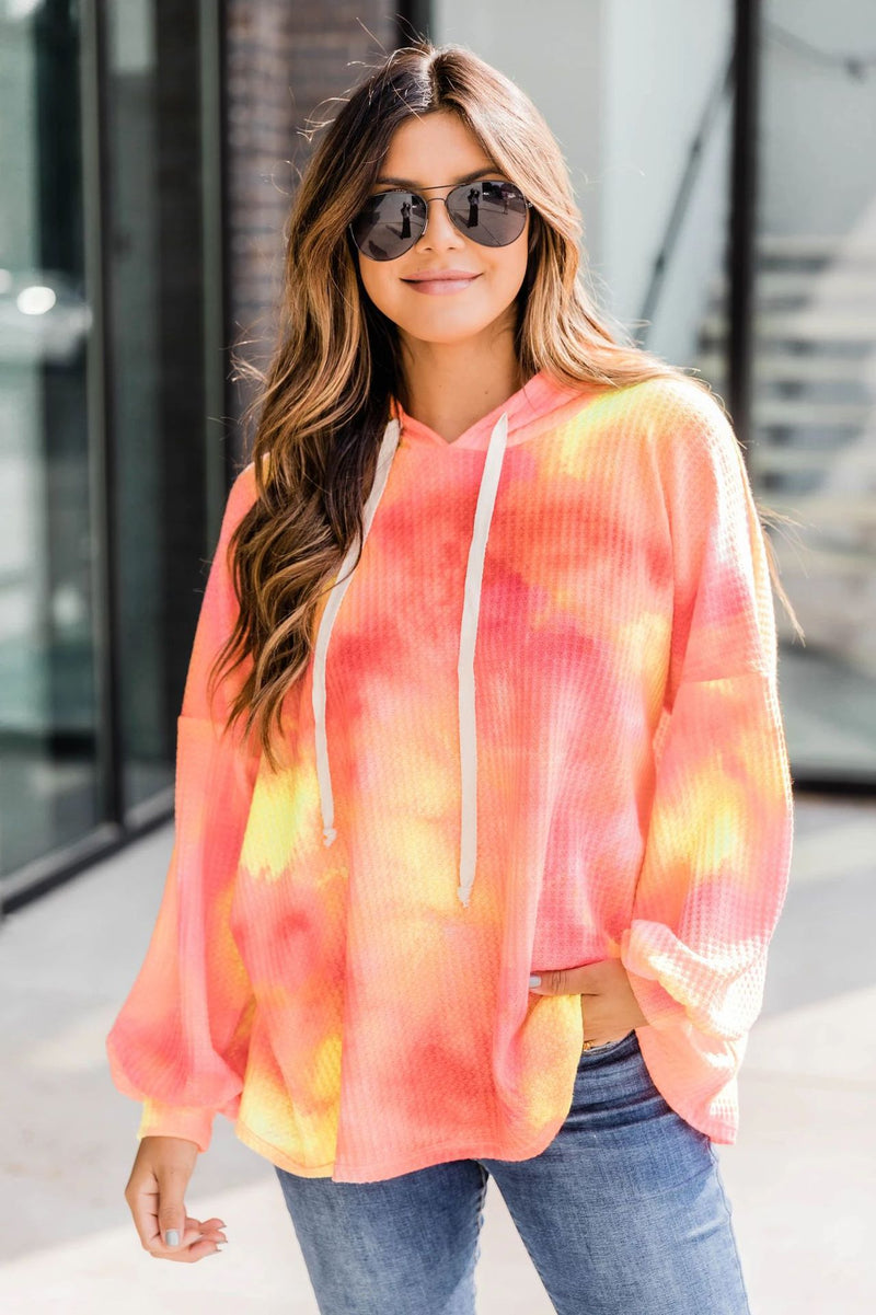 Long Sleeve Drawstring Knit Tie Dye Hoodie Top