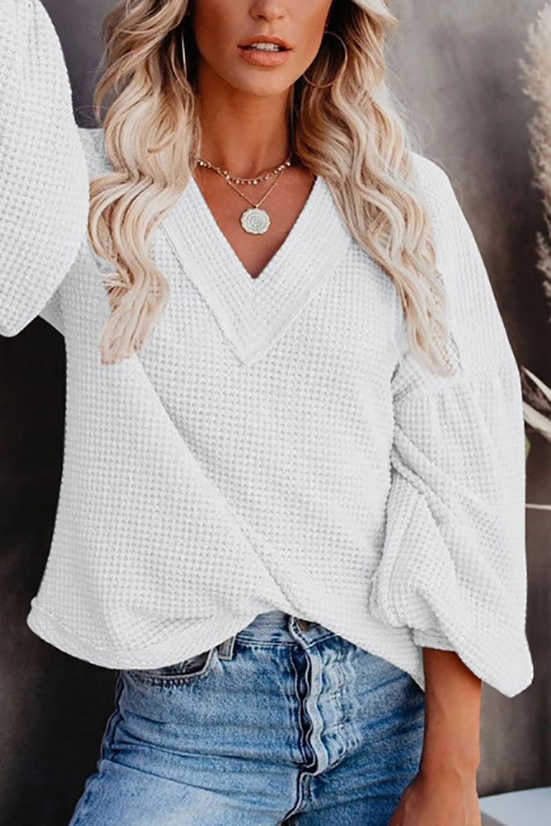 Thermal V Neck Puff Sleeve Sweater