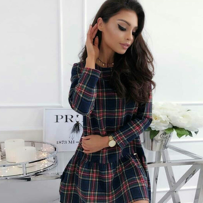 Round Neck Long Sleeve Plaid Mini Dress