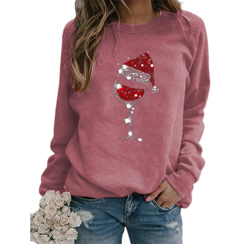 Round Neck Printed Christmas Wine Glass Sweatshirt