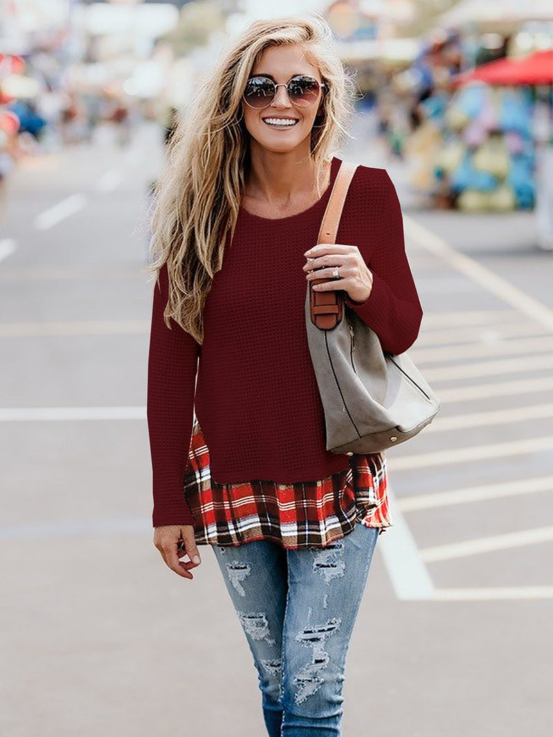 Long Sleeve Stitching Plaid Round Neck Pullover Top