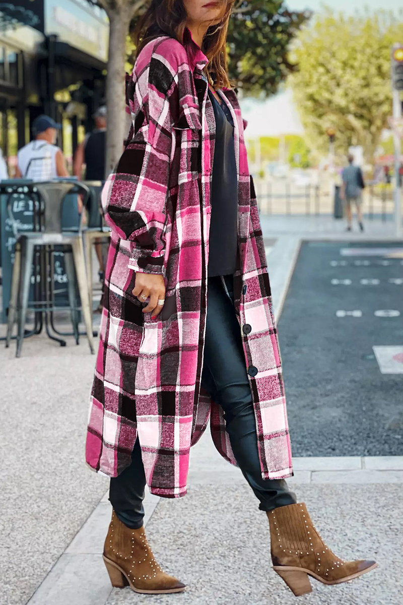 Lapel Plaid Print Woolen Long Coat