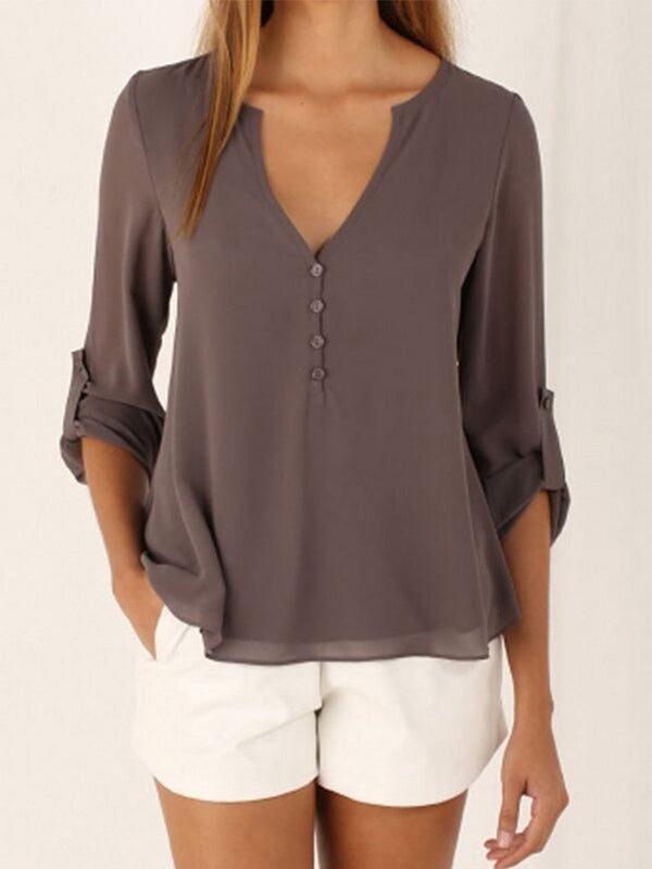 V Neck Long Sleeve Solid Irregular Blouse