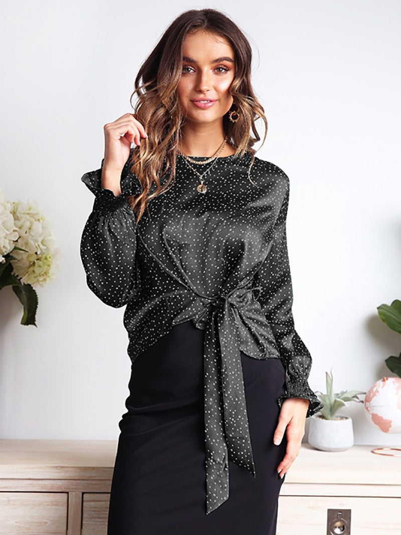 Flare Sleeve Crew Neck Self-tie Polka Dot Top - Landing Closet