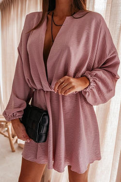 Wrapped Deep V Neck Lantern Sleeve Mini Dress