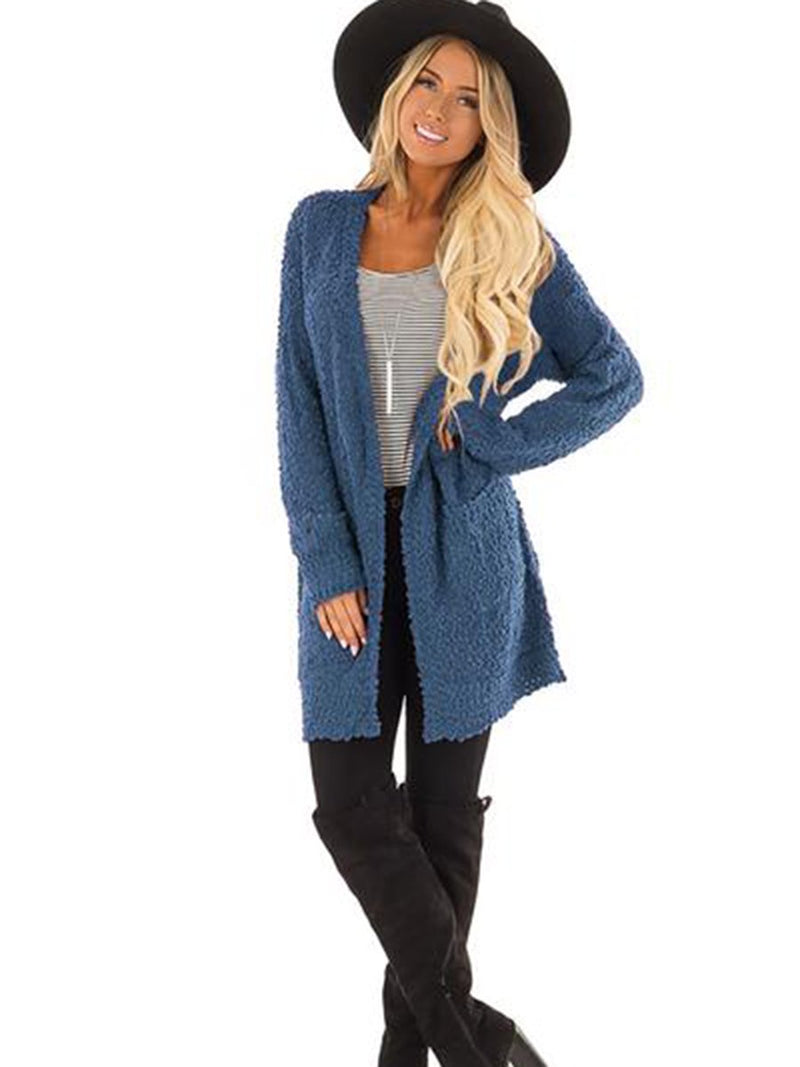 Open Front Large Pockets Long Sleeves Cardigan