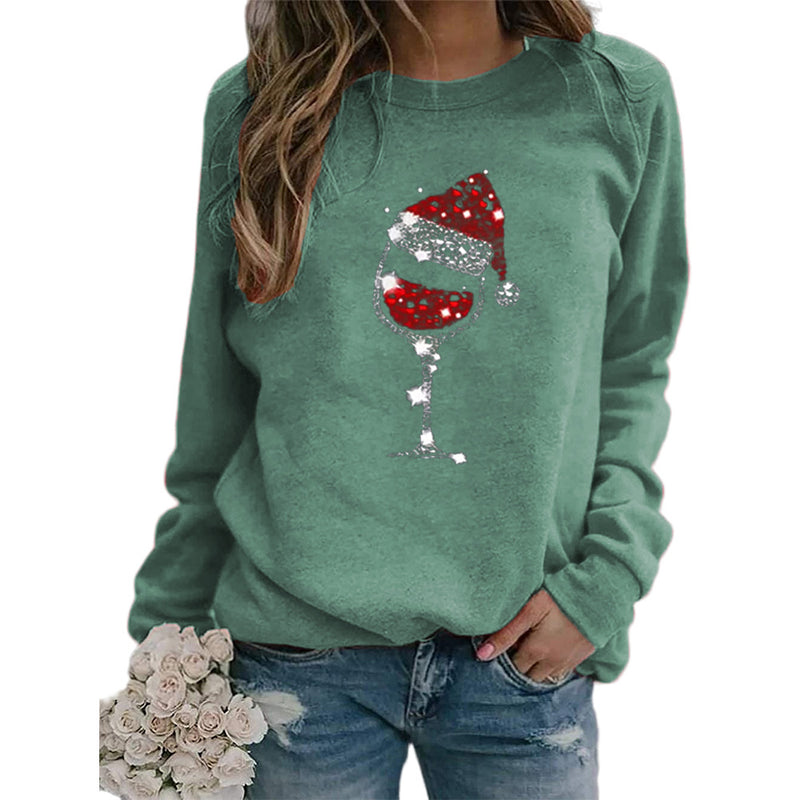 Round Neck Printed Christmas Wine Glass Sweatshirt