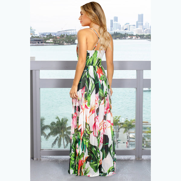 Elegant V-Neck Spaghetti Strap Printed Maxi Dress