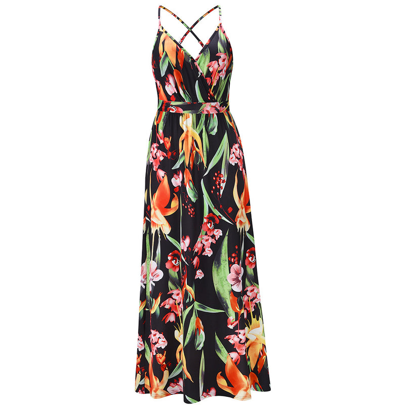 Elegant V-Neck Spaghetti Strap Printed Maxi Dress