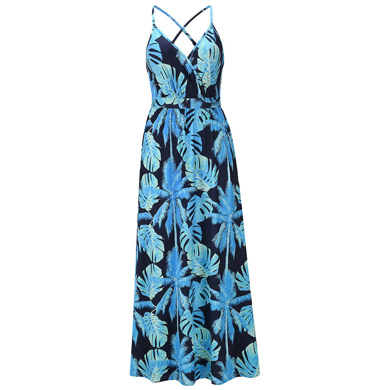 Elegant V-Neck Spaghetti Strap Printed Maxi Dress