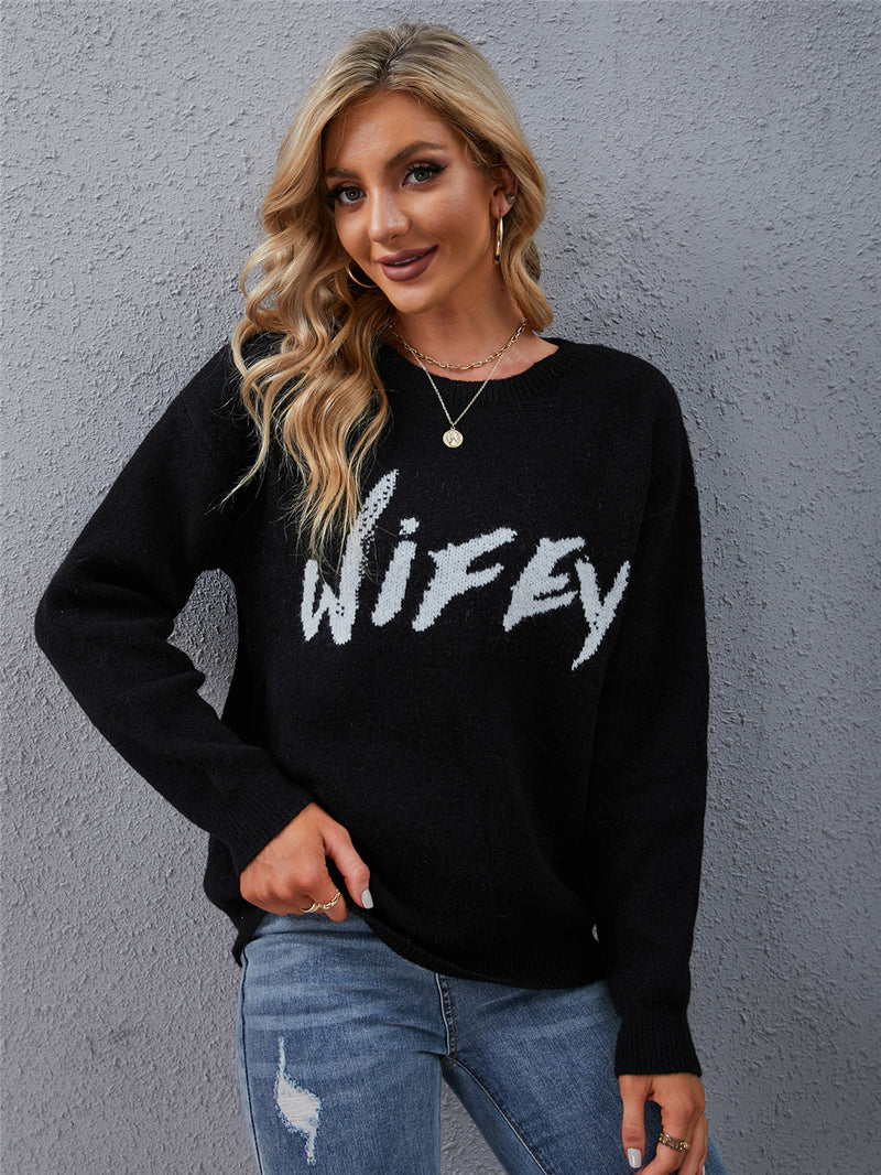 Casual Long Sleeve Crew Neck Printed Wifey Sweatshirt