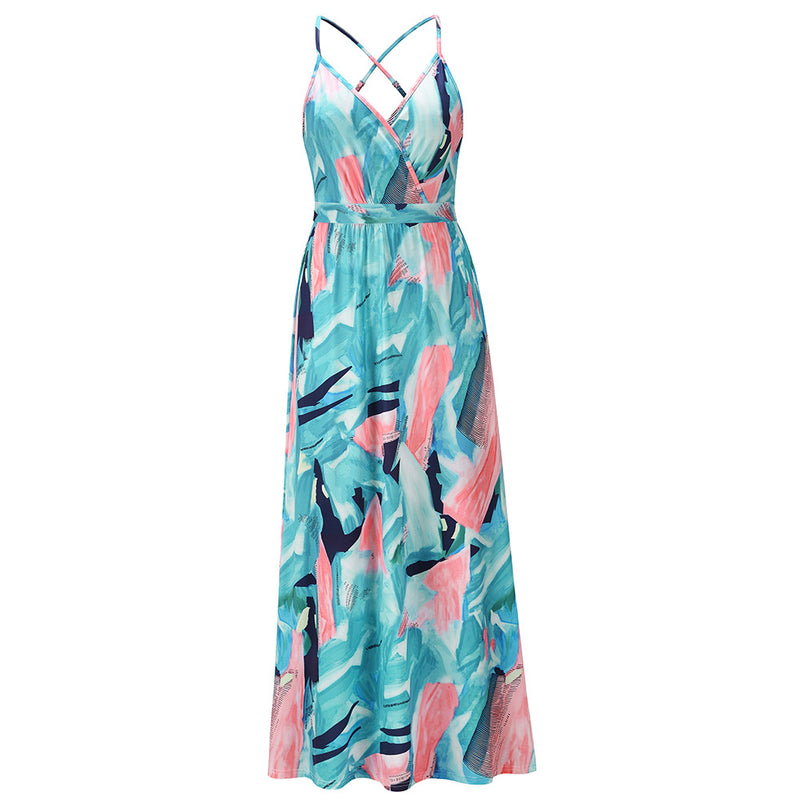 Elegant V-Neck Spaghetti Strap Printed Maxi Dress