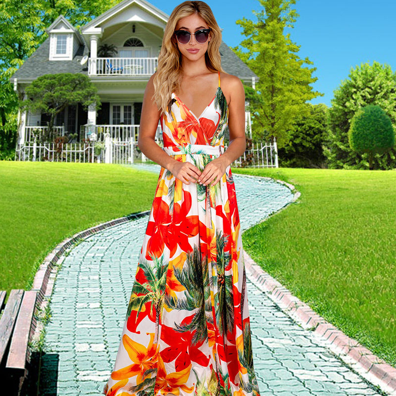 Elegant V-Neck Spaghetti Strap Printed Maxi Dress