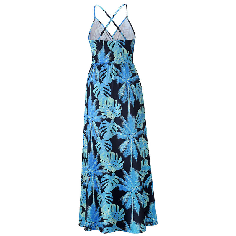 Deep V Neck Floral Adjustable Spaghetti Strap Sleeveless Dress