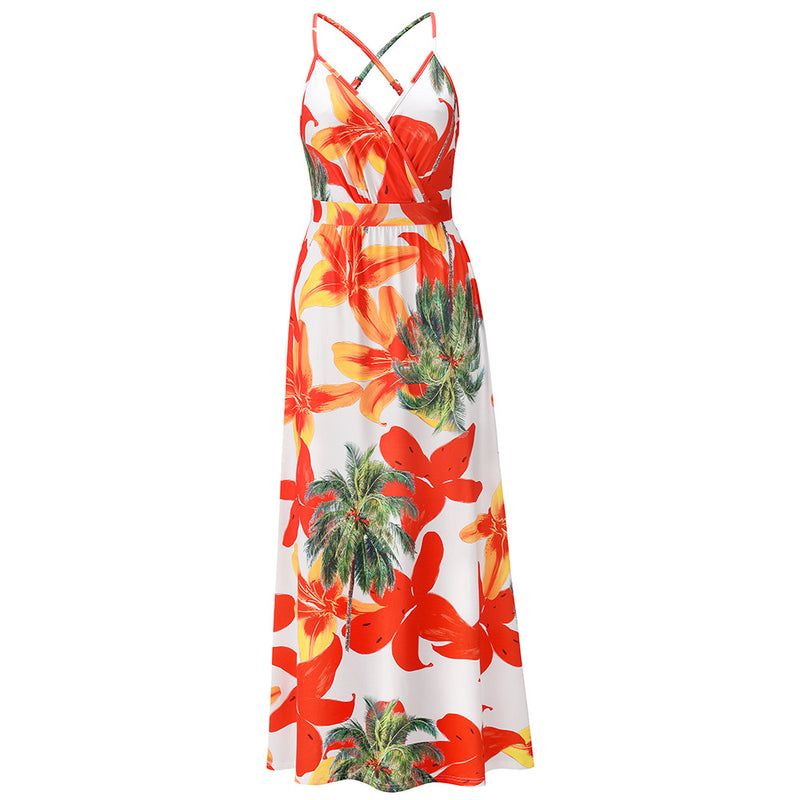 Elegant V-Neck Spaghetti Strap Printed Maxi Dress