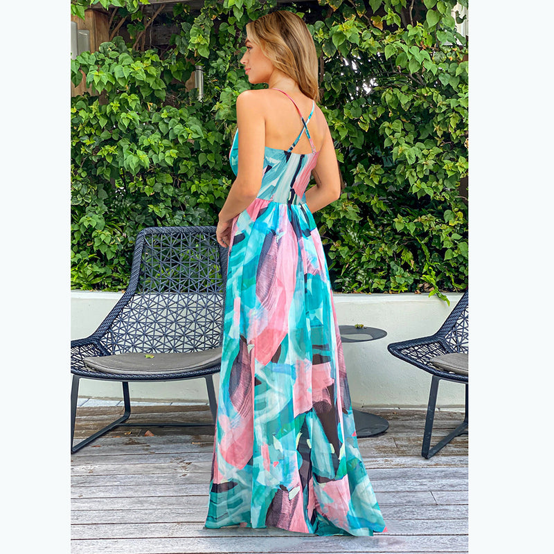 Elegant V-Neck Spaghetti Strap Printed Maxi Dress