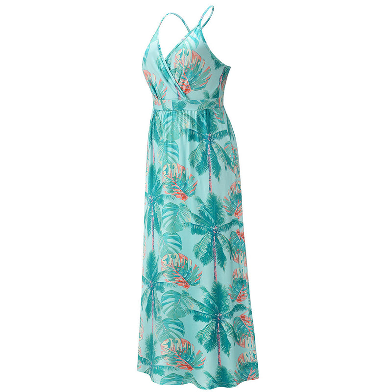 Elegant V-Neck Spaghetti Strap Printed Maxi Dress