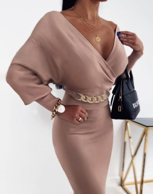 Deep Cross V Neck Bodycon Midi Dress