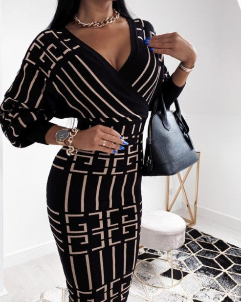 Deep Cross V Neck Bodycon Midi Dress