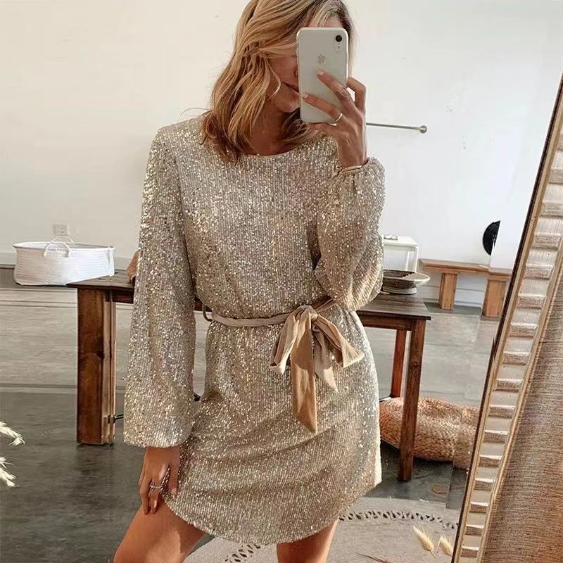 Sequins Long Sleeve Waist Tie Loose Mini Dress