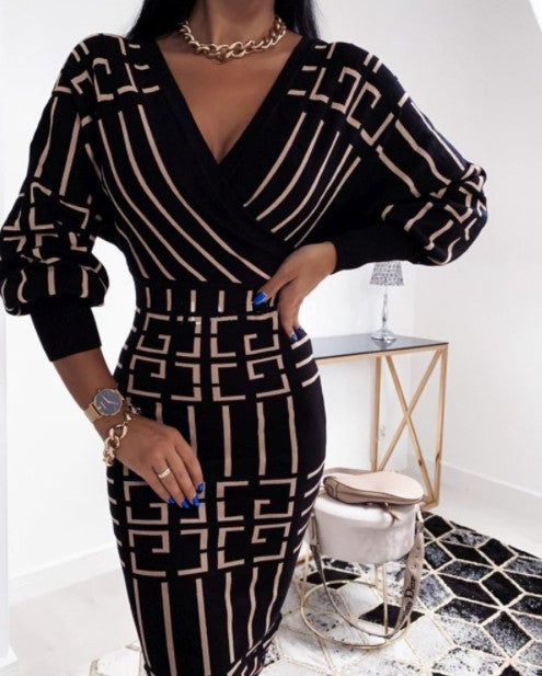 Deep Cross V Neck Bodycon Midi Dress