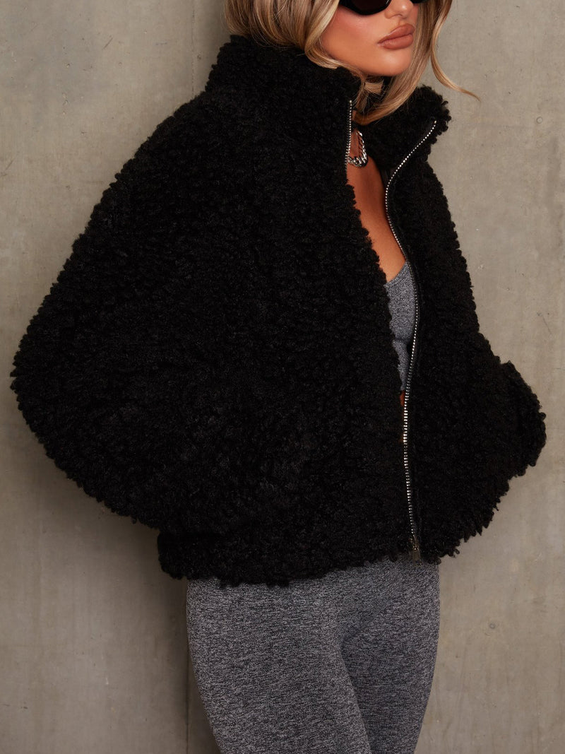 Zip Up Faux Shearling Shaggy Oversized Coat Jacket