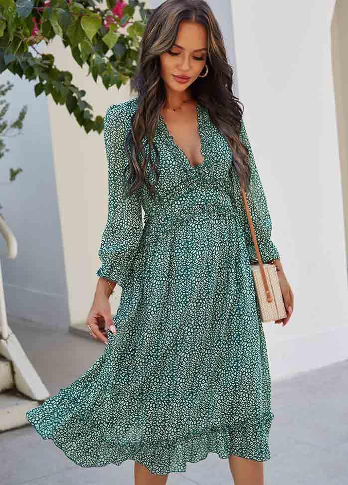 Printed Long Sleeve V Neck Dress