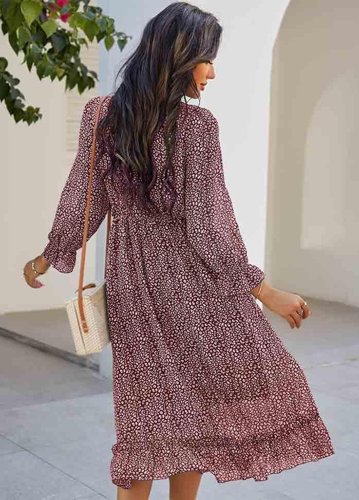 Printed Long Sleeve V Neck Dress