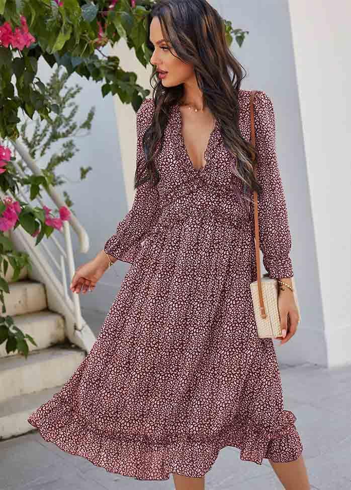 Printed Long Sleeve V Neck Dress