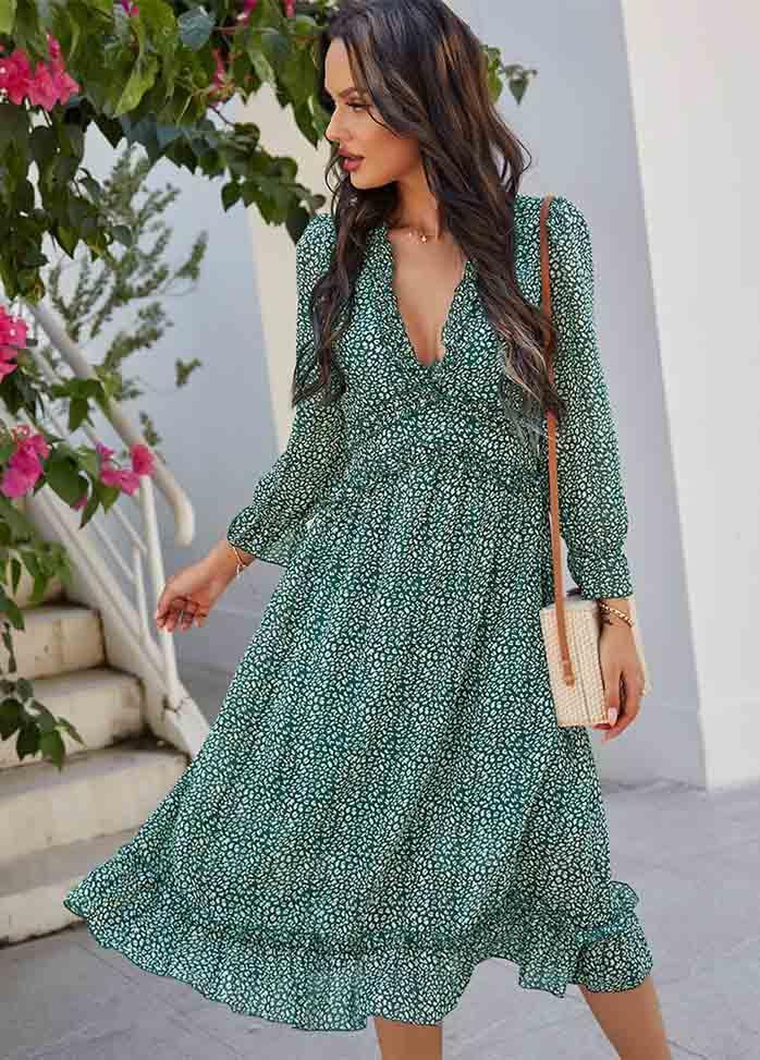 Printed Long Sleeve V Neck Dress