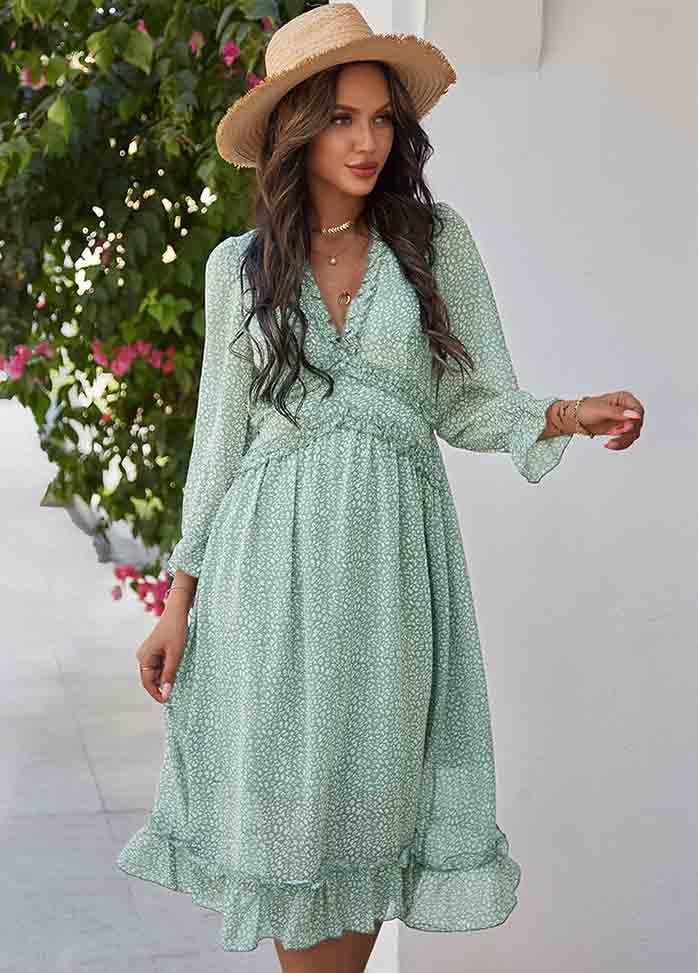 Printed Long Sleeve V Neck Dress