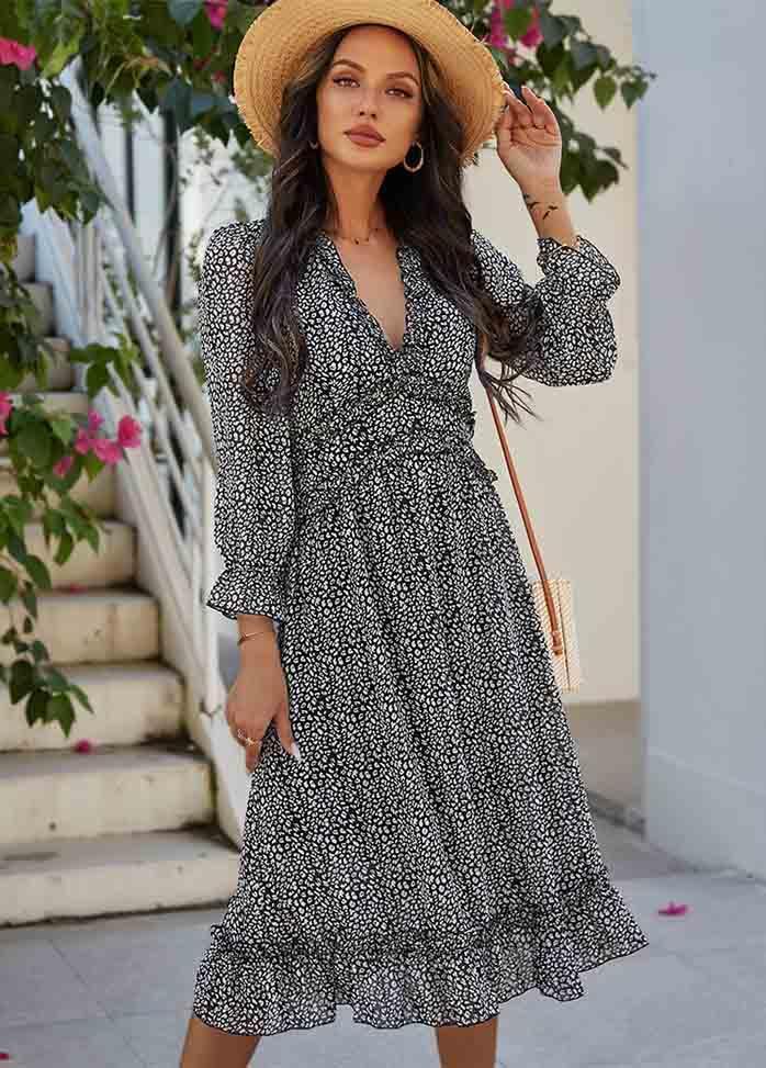 Printed Long Sleeve V Neck Dress