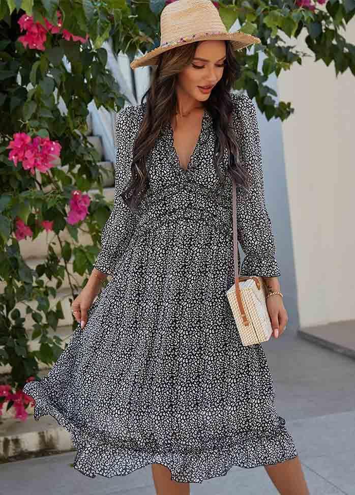 Printed Long Sleeve V Neck Dress