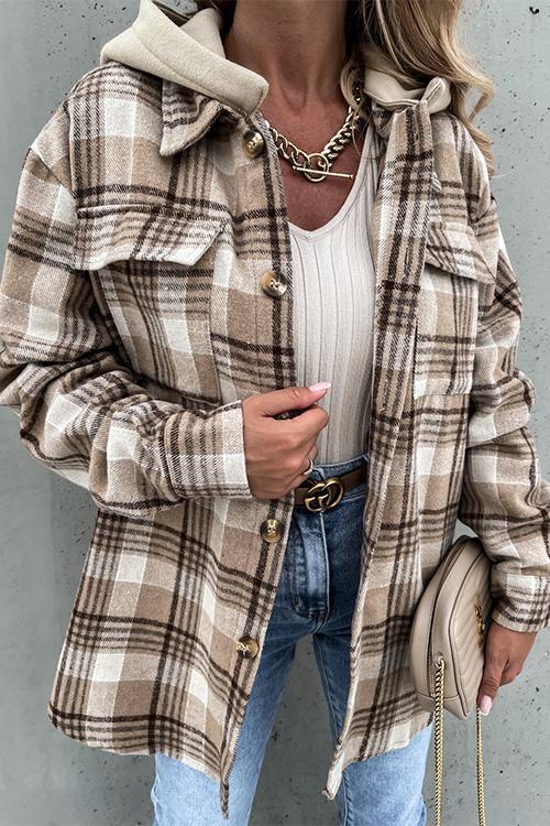 Button Up Pockets Plaid Hoodied Coat