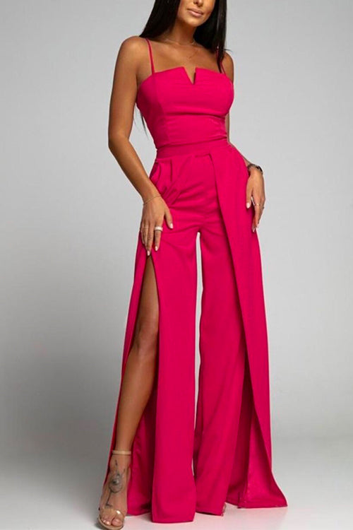 High Waisted Slit Flowy Wide Leg Cami Jumpsuit