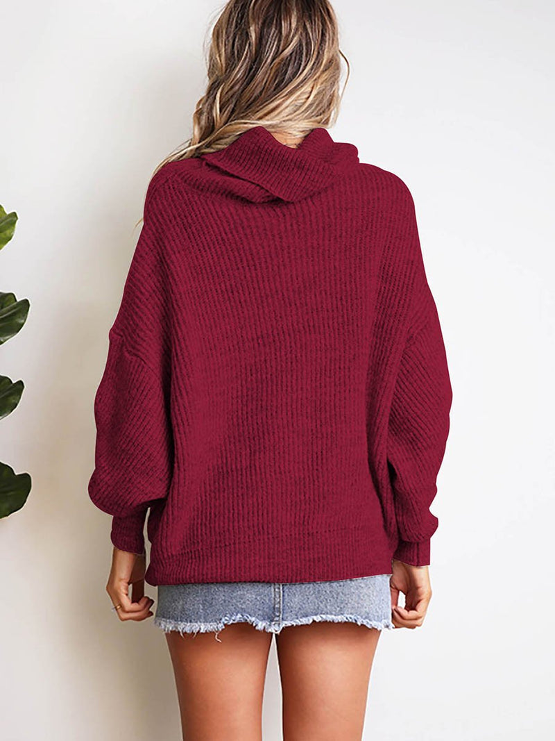 Rolled Neckline Ribbed Cuff Knitted Sweater