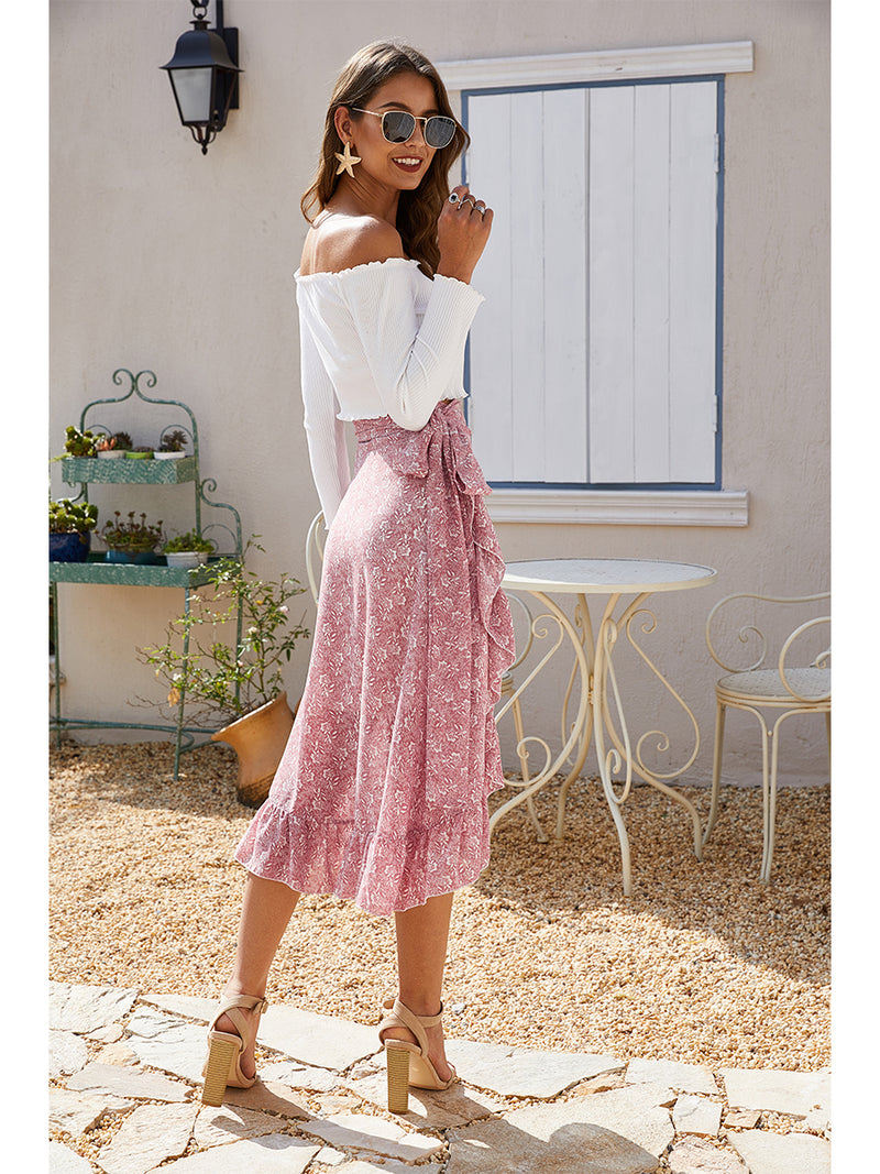 Floral Print Wrap Ruffle  High Waist Flowy Midi Skirt with Slit