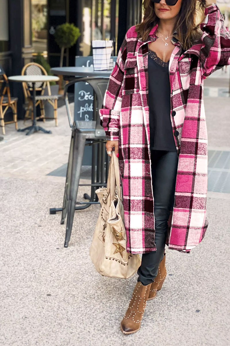 Lapel Plaid Print Woolen Long Coat