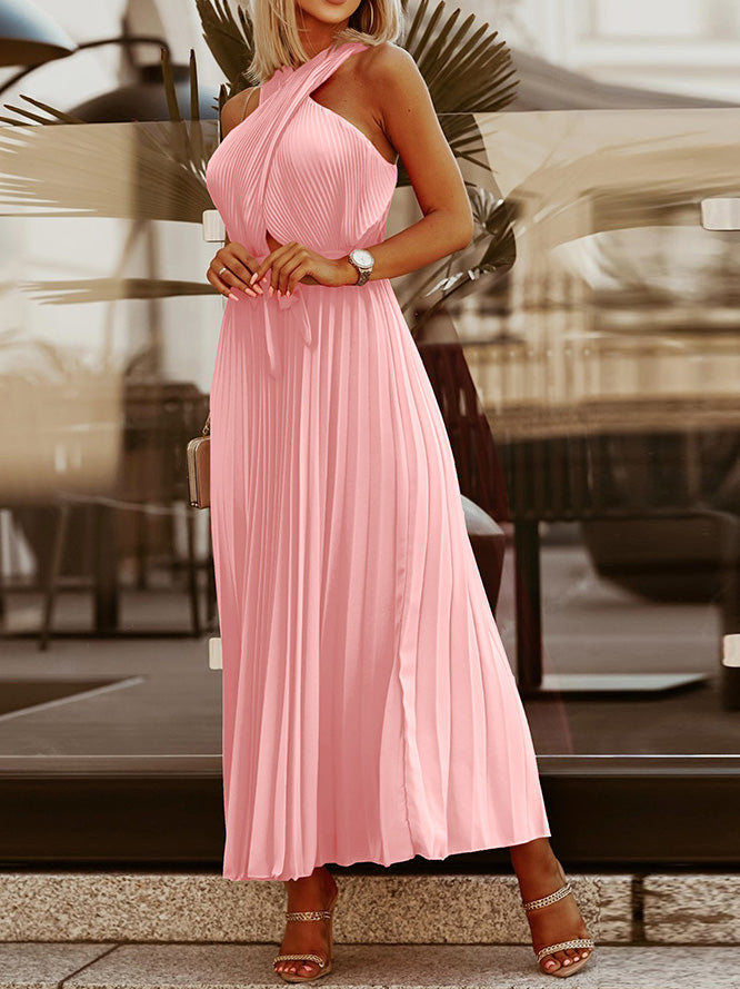 Women's Dresses Halter Cutout Tie Backless Pleated Dress