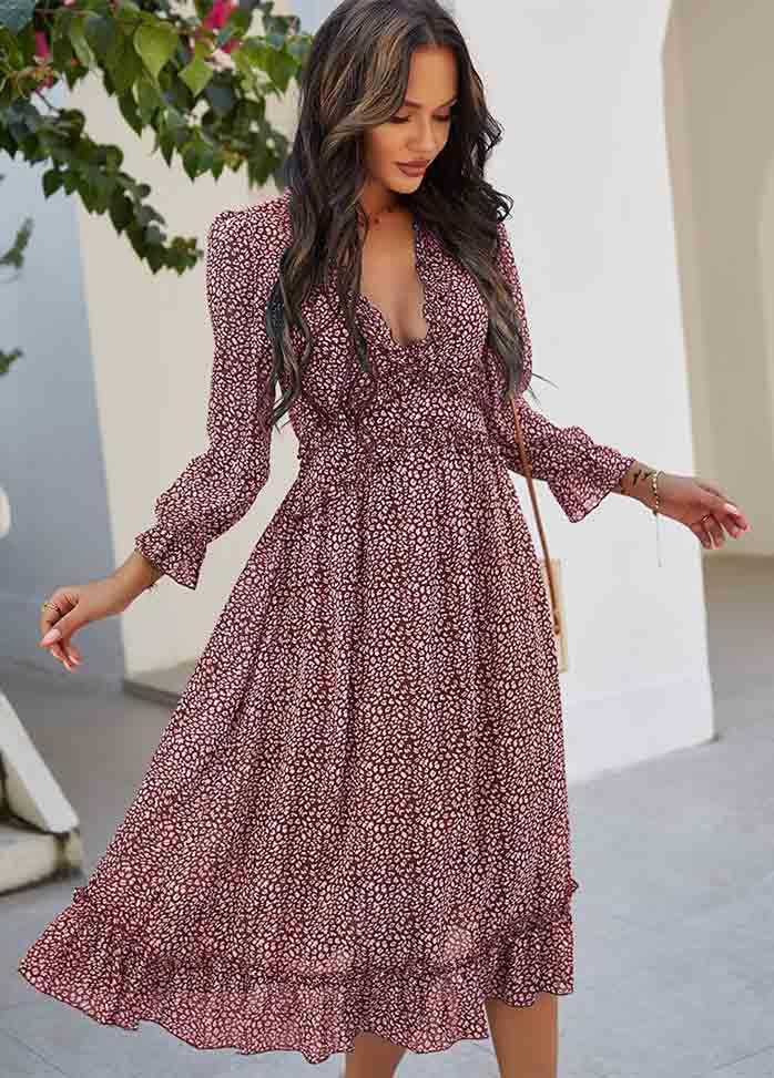 Printed Long Sleeve V Neck Dress