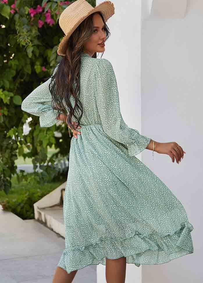 Printed Long Sleeve V Neck Dress